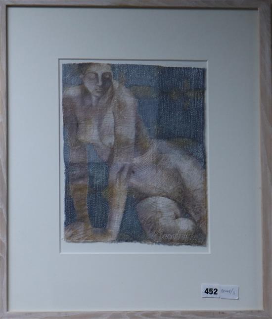 Susan Macarthur, gouache and silk thread, nude study, signed, 30 x 24cm